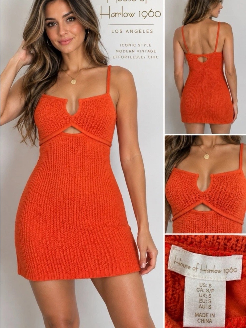 House of Harlow 1960 Bright Orange Knit Cutout Mini Dress Size Small